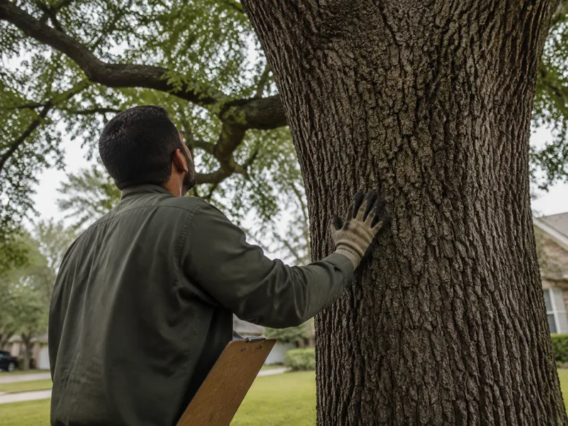 Tree care specialist inspecting the trunk of a mature oak in Houston