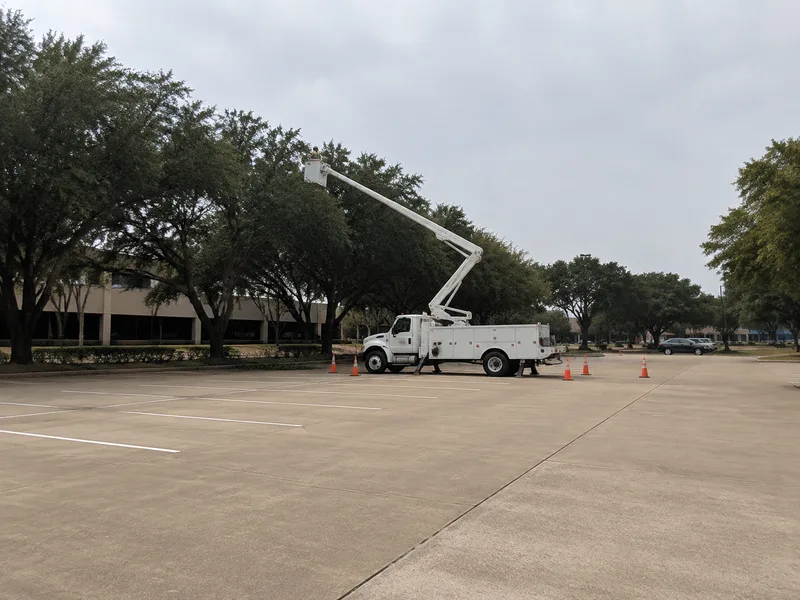 Bucket truck trimming trees at a Houston commercial property