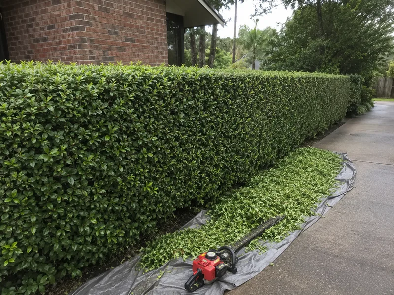 Freshly trimmed hedge line at a Houston home