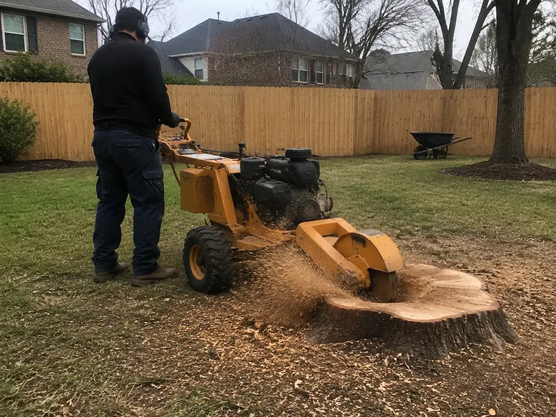 Stump grinder cutting a stump below grade in a Houston backyard